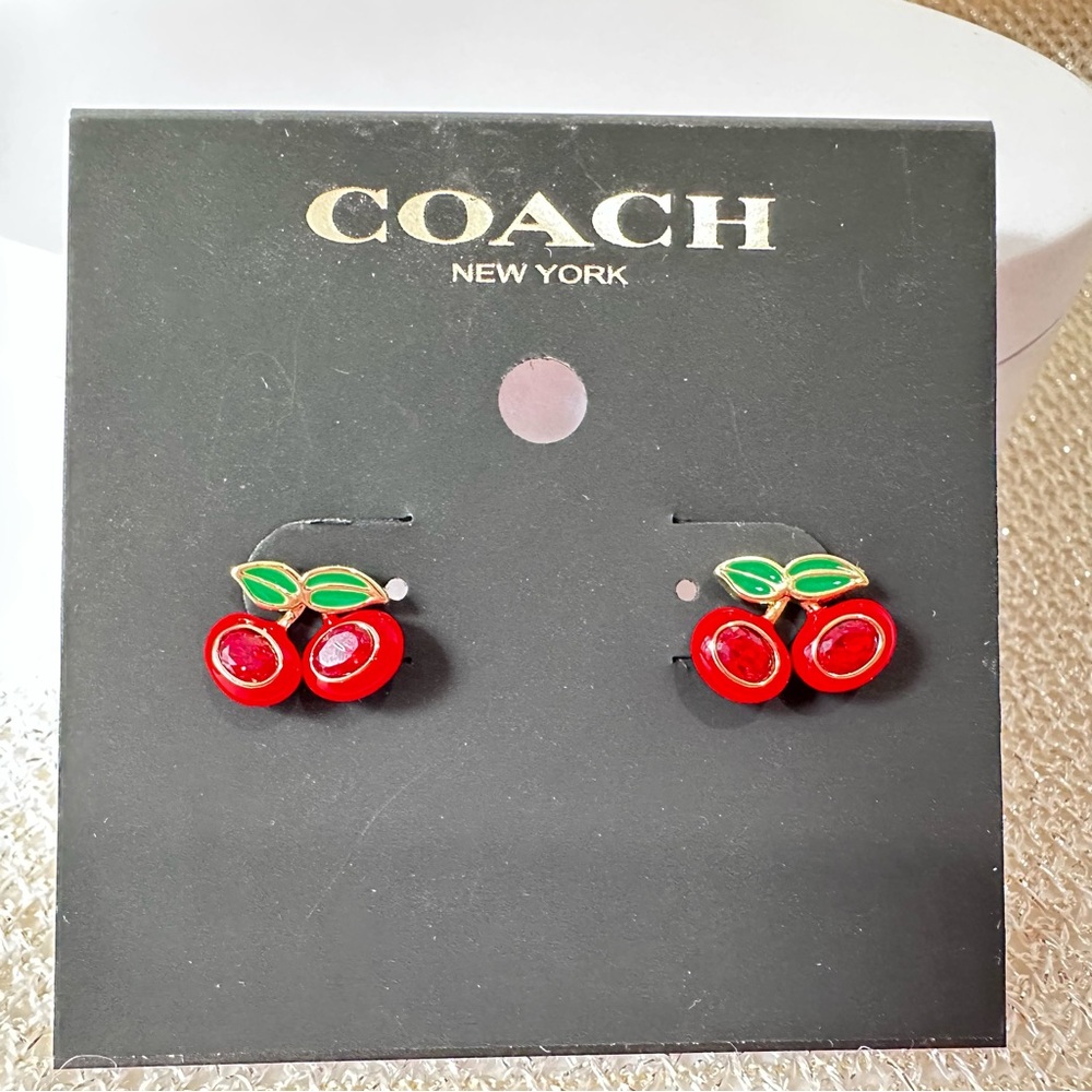 Coach Cherry Stud Earrings in Goldtone with Red and Green Enamel Accents - Picture 3 of 9